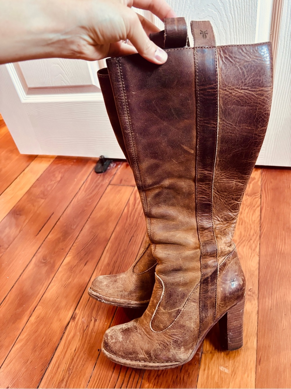 Frye Distressed Brown Leather High Heel Knee Boots